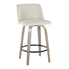 Toriano 26" Contemporary Fixed-Height Counter Stool with Swivel in Light Grey Wood and Cream Fabric with Round Black Metal Footrest by LumiSource - Set of 2