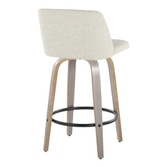 Toriano 26" Contemporary Fixed-Height Counter Stool with Swivel in Light Grey Wood and Cream Fabric with Round Black Metal Footrest by LumiSource - Set of 2