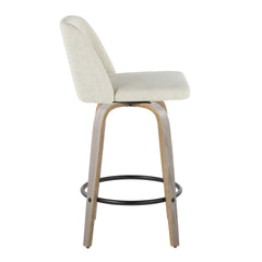Toriano 26" Contemporary Fixed-Height Counter Stool with Swivel in Light Grey Wood and Cream Fabric with Round Black Metal Footrest by LumiSource - Set of 2