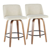 Toriano Mid-Century Modern Counter Stool in Walnut and Cream Fabric by LumiSource - Set of 2