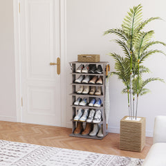 Shoe Rack,7 Tier Shoe Storage Organizer with Hooks, Entryway Shoe Tower,12-14Pairs Shoes,Vertical Shoe Organizer,Vertical Shoe Organizer,Easy Assemble,Saving Space,Rustic Gray
