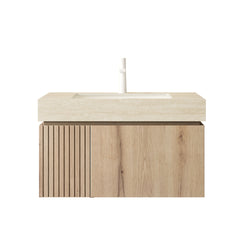 MURI 30" Bathroom Vanity&Sink, Floating Plywood Storage Cabinet with Drawer&Door, Roma Travertine Sintered Stone Top&Ceramic Basin with 1 Pre-drilled Faucet Hole, Pre-assembled, White Oak Woodgrain