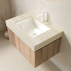 MURI 30" Bathroom Vanity&Sink, Floating Plywood Storage Cabinet with Drawer&Door, Roma Travertine Sintered Stone Top&Ceramic Basin with 1 Pre-drilled Faucet Hole, Pre-assembled, White Oak Woodgrain