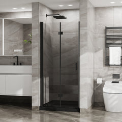 Goodyo 34"x 72" Bifold Frameless Glass Shower Door 1/4 inch Tempered Clear Glass Pivot Swing Shower Panel in Black Finish, Foldable