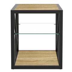 1 piece Modern End Table Nightstand for Bedroom & Living Room, Tempered Glass&Natural Wood MDF Top , Industrial Style Side Table