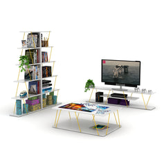 FurnisHome Store Tars Mid Century Modern Tv Stand 4 Shelves Open Storage Metal Cords Entertainment Centre 56 inch Low Tv Unit, White/Yellow