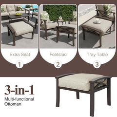 Set of 2 All-Weather 26 Inches Width Metal Ottomans, Khaki Frame with Beige Cushions