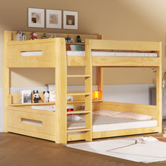 Queen over Queen Bunk Bed with Storage Shelves and USB Ports, Wood Color
