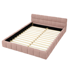 Queen Size Upholstered Bed Frame with Thick Fabric, Chenille Fabric Grounded Queen Size Platform Bed with Headboard and Solid Frame. No Box Spring Needed, PINK(68''*86.5''*23.5'')