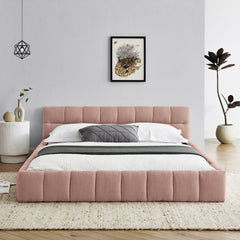 Queen Size Upholstered Bed Frame with Thick Fabric, Chenille Fabric Grounded Queen Size Platform Bed with Headboard and Solid Frame. No Box Spring Needed, PINK(68''*86.5''*23.5'')