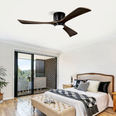 52" Flush Mount Solid Wood Blades Ceiling Fan with Lights Remote Control,Quiet DC Motor, 6 Speed ,Reversible Ceiling Fan for Patio Living Room, Bedroom, Office,Indoor.(Matte Black)