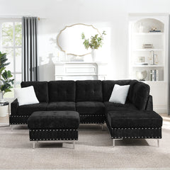 Sectional 3-Seaters Sofa with Chaise, Storage Ottoman, Metal Legs and Copper Nails,Two White Pillows ,Black(102" x 76" x35")