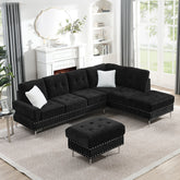Sectional 3-Seaters Sofa with Chaise, Storage Ottoman, Metal Legs and Copper Nails,Two White Pillows ,Black(102" x 76" x35")