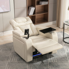 270 Degree Swivel PU Leather Power Recliner Individual Seat Home Theater Recliner with Tray Table, Phone Holder, Cup Holder, USB Port, Hidden Arm Storage for Living Room, White