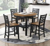 5pc Counter Height Dining Set Round Table with Storage and 4 Counter Height Chairs 2-Tone Black and Brown Finish Wooden Furniture