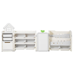 Kids Toy Storage with Bookshelf, 4-Tier Large Toy Storage Organizer with 10 Plastic Movable Bins, Kids Cubby Cabinet with Bookshelf and Drawing Board for Study Room, Playroom, Classroom, Nursery