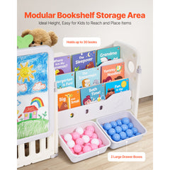 Kids Toy Storage with Bookshelf, 4-Tier Large Toy Storage Organizer with 10 Plastic Movable Bins, Kids Cubby Cabinet with Bookshelf and Drawing Board for Study Room, Playroom, Classroom, Nursery