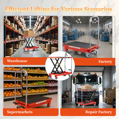Hydraulic Lift Table Cart,500lbs Load Capacity 28.5Inch Lifting Height, Single Scissor Lift Table with non-slip pads and 4 Wheels, for Material Handling and Transportation, Red