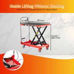 Hydraulic Lift Table Cart,500lbs Load Capacity 28.5Inch Lifting Height, Single Scissor Lift Table with non-slip pads and 4 Wheels, for Material Handling and Transportation, Red