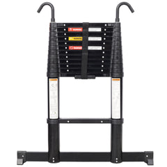 12.5FT Telescopic Ladder Aluminum Ladder with Non-Slip Feet and Stable Hook, Slow Down Safety Function With Stabilizer Portable Extension Ladder for Household and Outdoor Working, 330lb Capacity Black