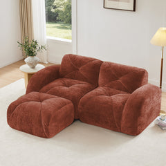 L-shaped Boneless Sofa,Soft Velvet Fabric,Tufted Design,32D High Density Sponge,No Assembly Required,Ergonomic Design,Bottom Anti-Slip Design,Movable Ottoman For Bedrooms,Red Brown