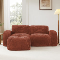 L-shaped Boneless Sofa,Soft Velvet Fabric,Tufted Design,32D High Density Sponge,No Assembly Required,Ergonomic Design,Bottom Anti-Slip Design,Movable Ottoman For Bedrooms,Red Brown