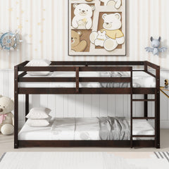 Solid Wooden, Solid Rubber Wooden Twin over Twin Floor Bunk Bed with Ladder, with Bed Platform of Strengthened Slats , Espresso