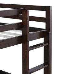 Solid Wooden, Solid Rubber Wooden Twin over Twin Floor Bunk Bed with Ladder, with Bed Platform of Strengthened Slats , Espresso