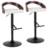 Grotto Contemporary Adjustable Barstool with Swivel in Black Metal, Cherry Wood and White Faux Leather with Straight T Footrest by LumiSource - Set of 2