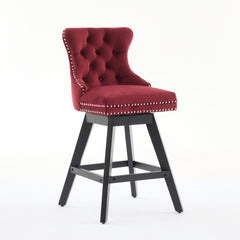 Swivel Velvet Barstools with Button Tufted Decoration and Wooden Legs, and Chrome Nailhead Trim, Leisure Style Bar Chairs,Bar stools, Set of 2 (Wine Red),SW1860WR