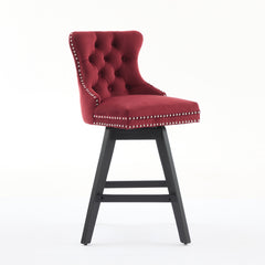 Swivel Velvet Barstools with Button Tufted Decoration and Wooden Legs, and Chrome Nailhead Trim, Leisure Style Bar Chairs,Bar stools, Set of 2 (Wine Red),SW1860WR
