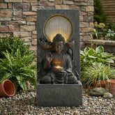28" H Outdoor Buddha Waterfall Fountain, Freestanding Relaxing Water Feature, Asian Zen Fengshui Decor for Patio, Garden, Backyard, Deck & Home, Ideal Gift Led Fountain