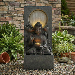 28" H Outdoor Buddha Waterfall Fountain, Freestanding Relaxing Water Feature, Asian Zen Fengshui Decor for Patio, Garden, Backyard, Deck & Home, Ideal Gift Led Fountain