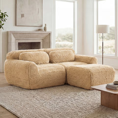 L-shaped Boneless Sofa,Soft Fluffy Plush Fabric,With Chaise 32D High Density Sponge,No Assembly Required,Ergonomic Design Bottom Anti-Slip Design,With Throw Pillows,Fits Bedrooms,Light Khaki