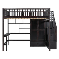 Full size Loft Bed with Bookshelf,Drawers,Desk,and Wardrobe-Espresso