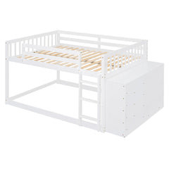 Full over Full Bunk Bed with 4 Drawers and 3 Shelves-White