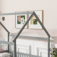 Full Size House Floor Wooden Bed with Roof Frame, Safety Guardrails,Grey
