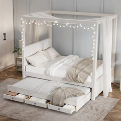 Full Size Upholstery Canopy Platform Bed with Trundle and Three Storage Drawers, Beige