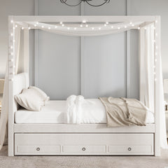 Full Size Upholstery Canopy Platform Bed with Trundle and Three Storage Drawers, Beige