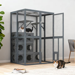 Catio Outdoor Cat Enclosure with Double Enter Doors, Grey Climbing shelves, Weatherproof Pine Wood Playground with 7 Freely Combination Wood Boxes