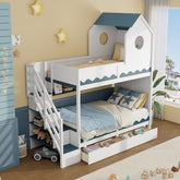 Twin Over Twin with House and Drawer,Staircase, LED,White