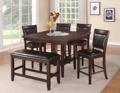 6pc Dining Set Contemporary Farmhouse Style Counter Height w 20-Inch Lazy Susan Dark Brown Espresso Finish Faux Leather Upholstered Chairs Bench Wooden Wood Veneers Solid Wood Dining Room Furniture