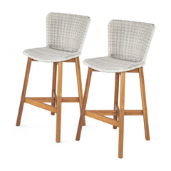 Lymington Outdoor Bar Stool, Teak Finished Wood with Light Grey Wicker, Set of 2