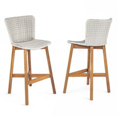 Lymington Outdoor Bar Stool, Teak Finished Wood with Light Grey Wicker, Set of 2