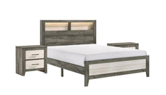 1pc Queen Size Platform Storage Bed Low-profile Plank-style Headboard Built-in Lighting Modern Farmhouse Style Gray Beige