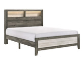 1pc Queen Size Platform Storage Bed Low-profile Plank-style Headboard Built-in Lighting Modern Farmhouse Style Gray Beige