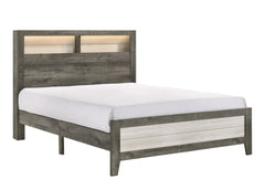 1pc Queen Size Platform Storage Bed Low-profile Plank-style Headboard Built-in Lighting Modern Farmhouse Style Gray Beige