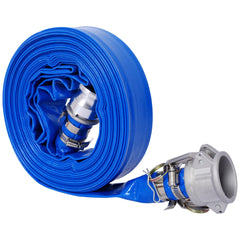 1.5" ID × 50 ft Pool Backwash Hose, Heavy Duty Reinforced Blue PVC Lay Flat Water Discharge Pump Hoses For Swimming Drain Pools and Clean Filters, with Aluminum Camlock C and E Fittings