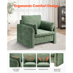 Green Accent Chair, Modern Upholstered Accent Chair with Armrests, Cloth Arm Chairs with Thick Cushion and Arched Backrest, Single Fabric Armchair for Living Room, Bedroom, Study, Office