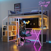 Twin Size Metal Loft Bed with Built-in Work Station, Wardrobe, Storage Staircase and LED, White